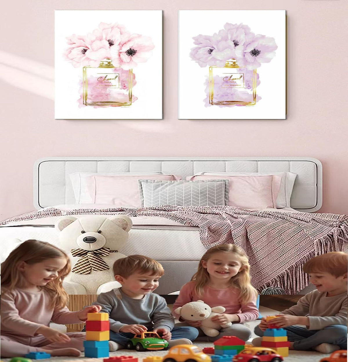 Canvas Wall Art Glam Perfume Pictures Wall Decor Pink Flowers and Gold Canvas Wall Art Girl Home Decor for Bedroom Wall Bathroom Set Room Decor