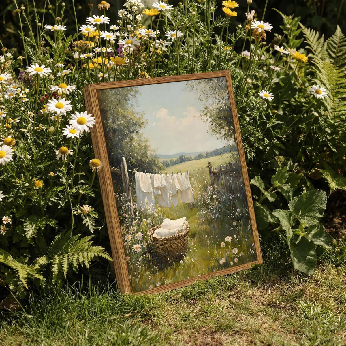 Framed Vintage Laundry Room Wall Art, Farmhouse Landscape Wildflower Pictures Wall Decor, Cottagecore Country Nature Paintings Canvas Prints Home Decor Aesthetic for Bathroom Living Room 12X16 Inch