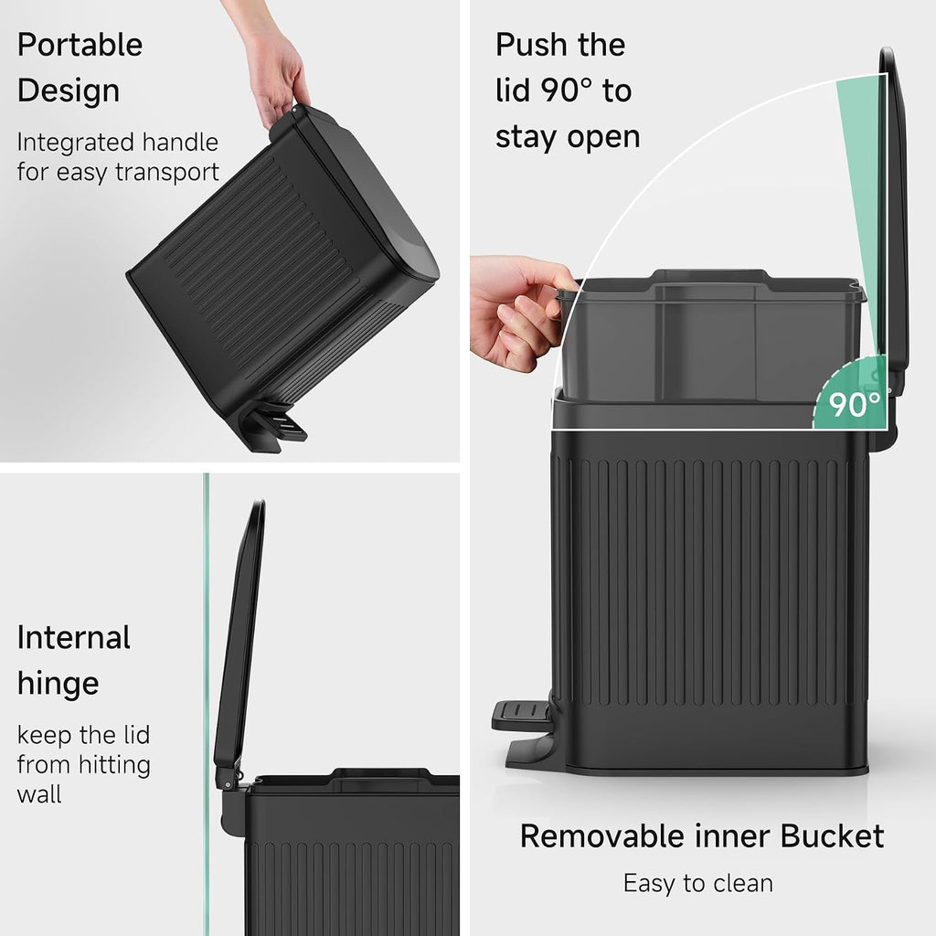 Slim Bathroom Trash Can with Lid Soft Close, Step Pedal, 6 Liter / 1.6 Gallon Stainless Steel Trash Bin, Small Garbage Cans for Bedroom, Office, Kitchen (Black)