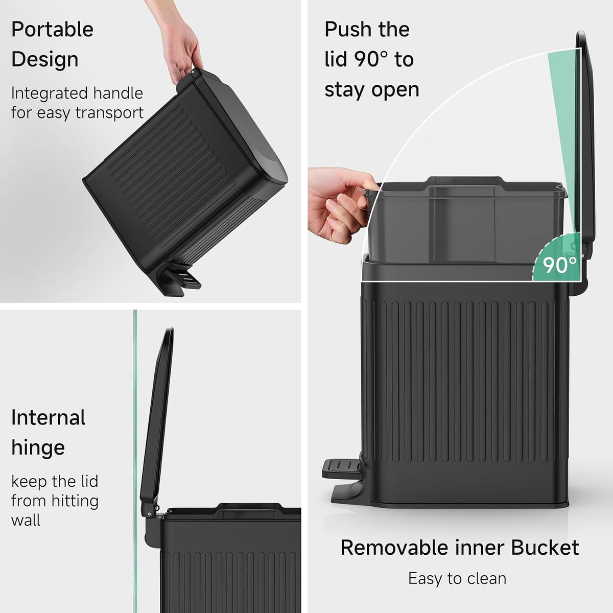 Slim Bathroom Trash Can with Lid Soft Close, Step Pedal, 6 Liter / 1.6 Gallon Stainless Steel Trash Bin, Small Garbage Cans for Bedroom, Office, Kitchen (Black)