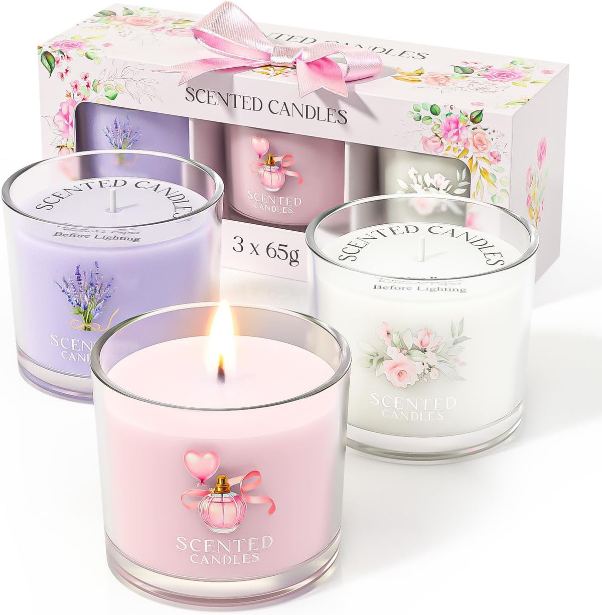 Scented Candles, Scented Candle Gift Set for Stress Relief, 3 Votive Candles for Women and Men, Birthday Candle Gifts for Women, Christmas Candles for Women (Pink + Purple + White, 7 Oz)
