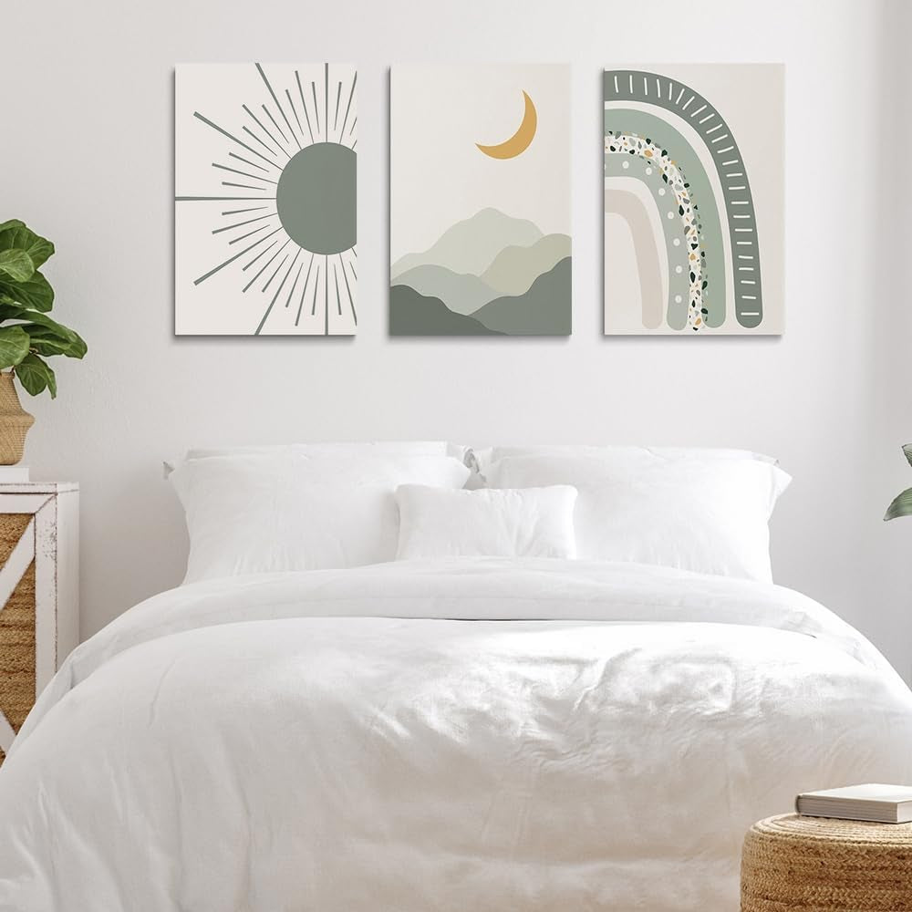 Boho Nursery Print Set of 3,Sun Rainbow Moon Baby Room Posters,Sage Green Wall Art Celestial Bedroom Kids Room Wall Art Decor, Abstract Art Prints,Mid Century Mountain Art for Home Decor 12"X16"