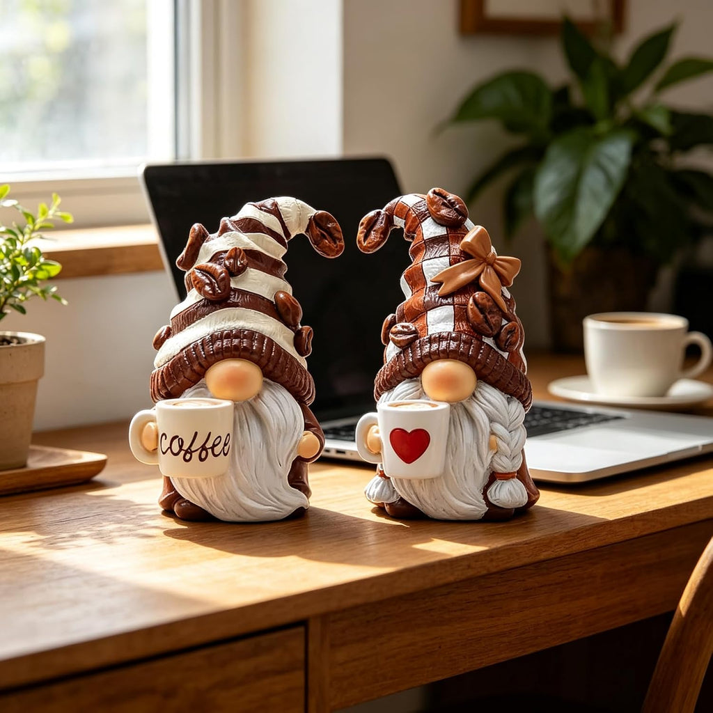 2PCS Coffee Gnome Figurines, Resin Statues for Home Office Kitchen Tiered Tray & Farmhouse Shelf, Indoor Outdoor Dwarf Decor, Adorable Gift for Women