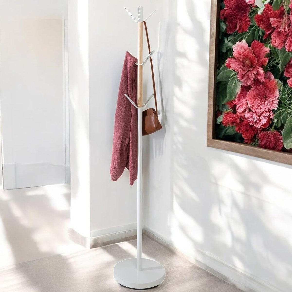 Standing Coat Rack/Entryway Coat Rack Tree, White with Wood Accents