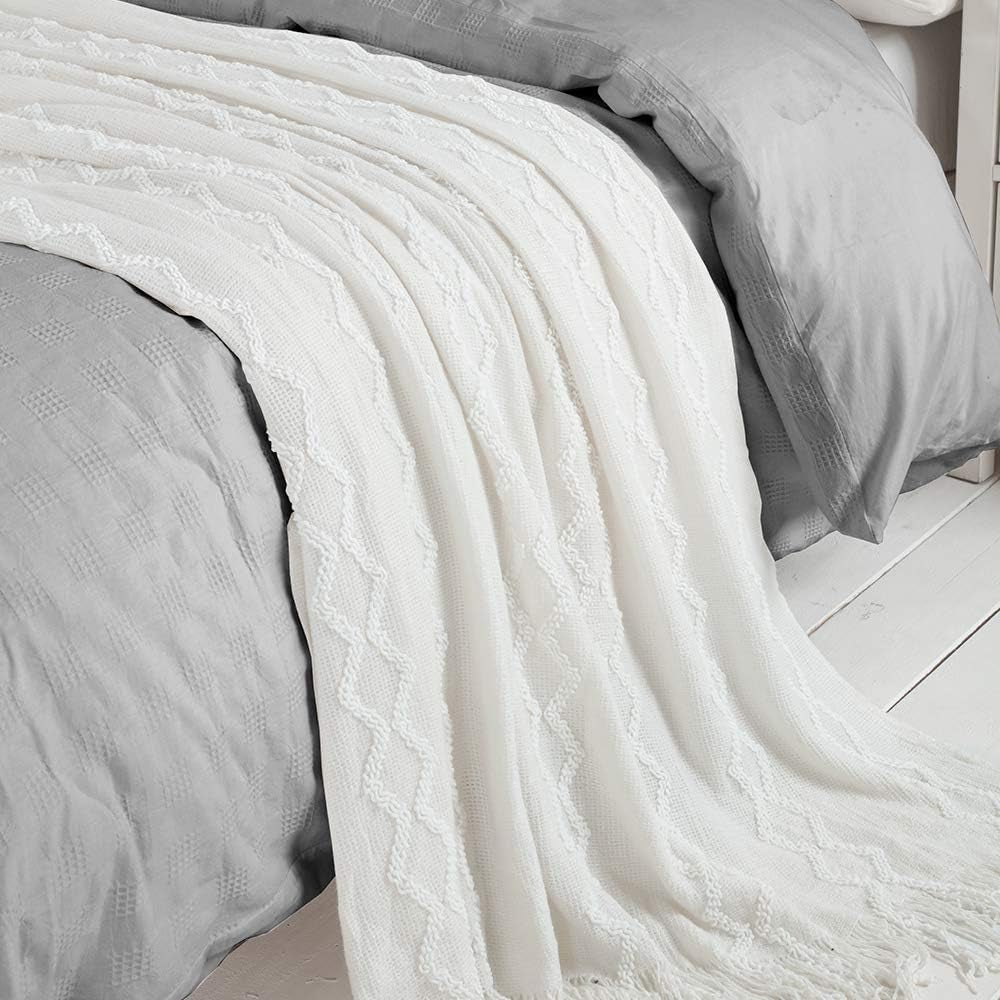 Knitted Throw Blanket Boho Chenille Blanket,Off White 60X80Inch