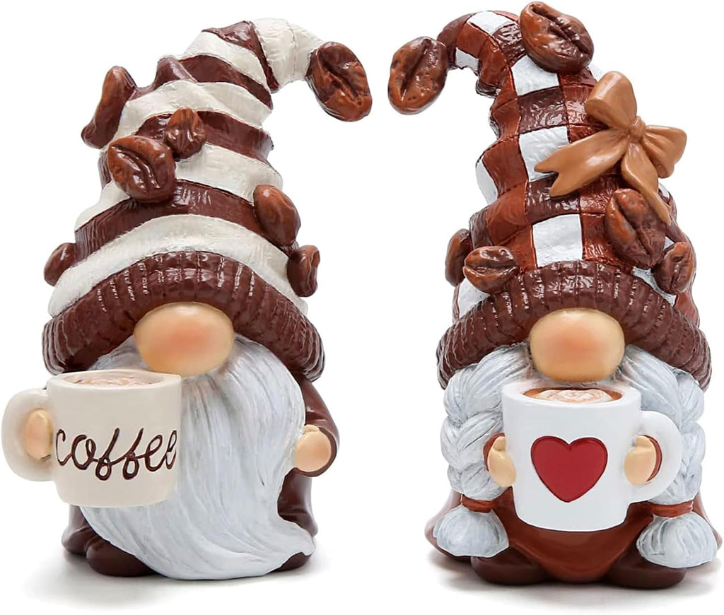 2PCS Coffee Gnome Figurines, Resin Statues for Home Office Kitchen Tiered Tray & Farmhouse Shelf, Indoor Outdoor Dwarf Decor, Adorable Gift for Women