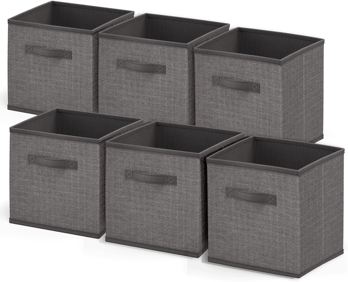 Cube Storage Bins, Foldable 6 Cube Storage Organizer Bins, Fabric Storage Cubes, Storage Basket with Handles, Grey Closet Storage Bins, 11-Inch Cube Storage Bins for Bedroom, Playroom and More