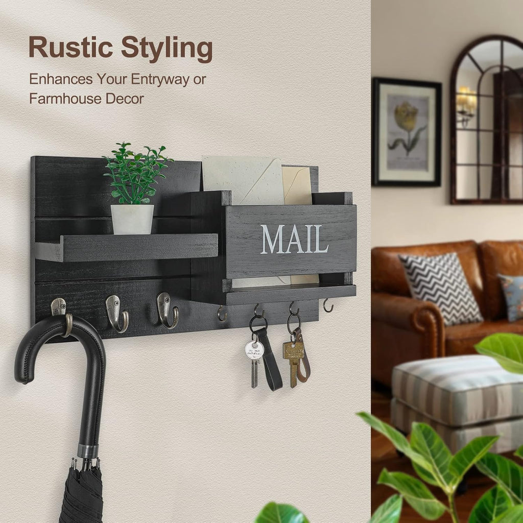 Mail Organizer for Wall Mount – Key Holder with Shelf Includes Letter Holder and Hooks for Hallway Farmhouse Decor – Rustic Wood with Flush Mounting Hardware (16.5” X 9.1” X 3.4”) (Black)