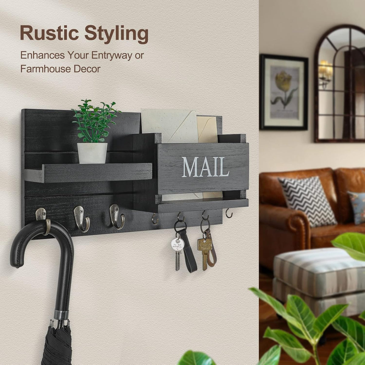 Mail Organizer for Wall Mount – Key Holder with Shelf Includes Letter Holder and Hooks for Hallway Farmhouse Decor – Rustic Wood with Flush Mounting Hardware (16.5” X 9.1” X 3.4”) (Black)