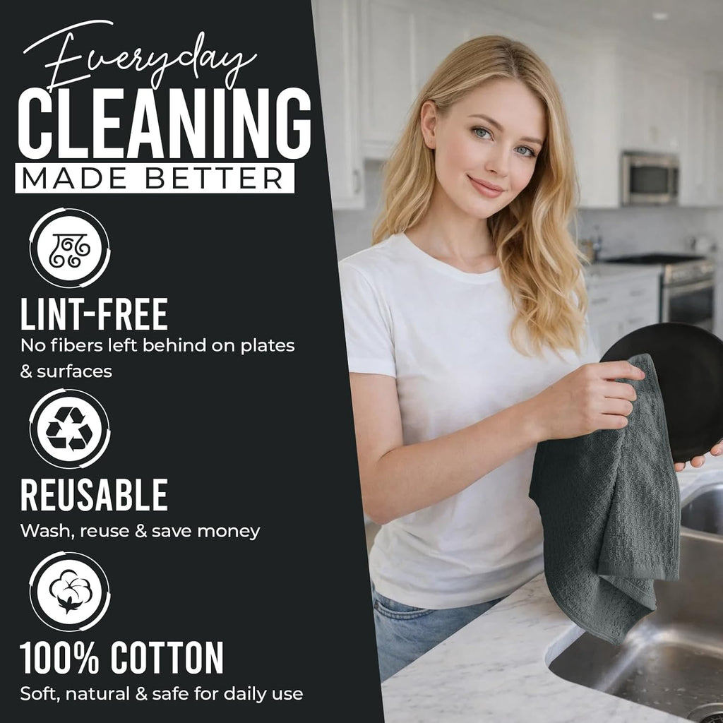 Premium Dish Cloth 100% Cotton 12X12 Inches |Pack of 8|- Grey