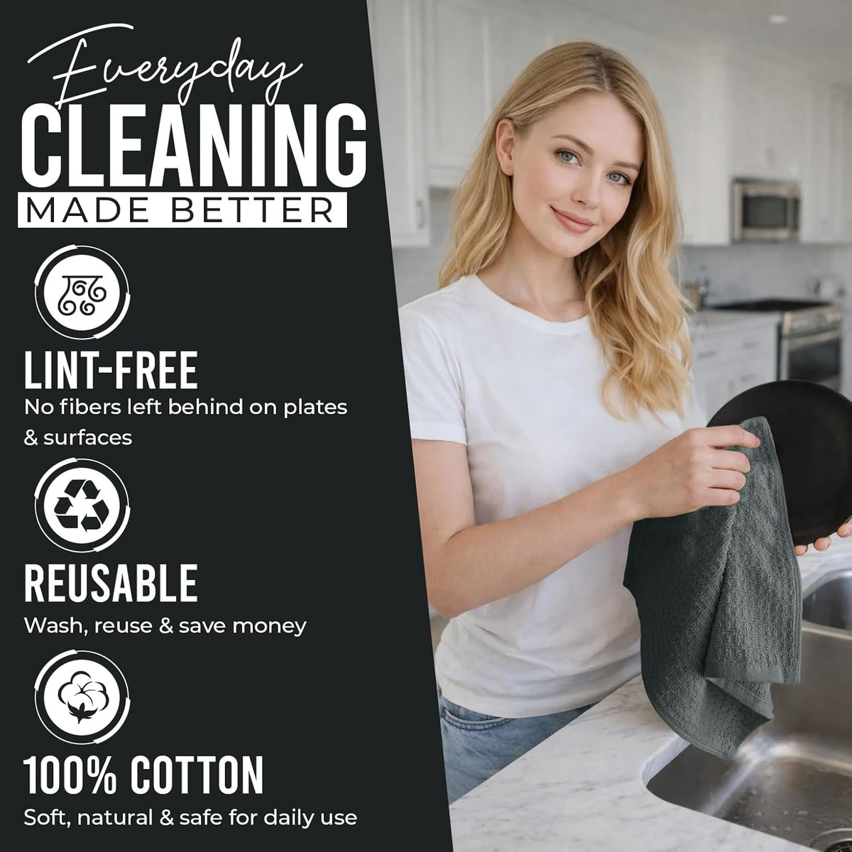 Premium Dish Cloth 100% Cotton 12X12 Inches |Pack of 8|- Grey