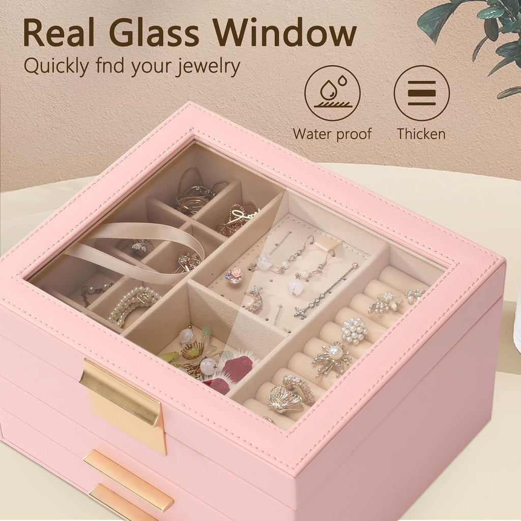3-Layer Jewelry Box for Women, Jewelry Organizer with Glass Lid and Drawers, Jewelry Organizers and Storage for Necklaces, Rings, Earrings, Bracelets - White/Green/Black/Pink