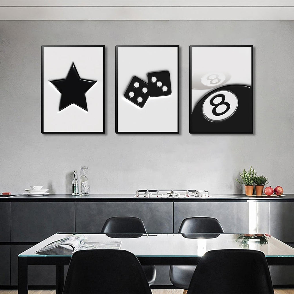 Black and White Dice Canvas Wall Art Set of 3,Funky Retro Y2K 8 Ball Wall Decor Paintings, Funky Lucky Preppy Posters Prints Pictures for Game Room Apartment Dorm Teenager Room 16X24In Framed