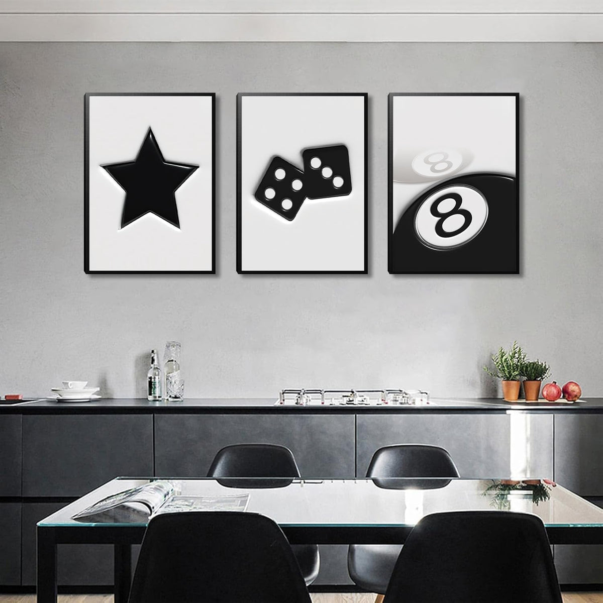 Black and White Dice Canvas Wall Art Set of 3,Funky Retro Y2K 8 Ball Wall Decor Paintings, Funky Lucky Preppy Posters Prints Pictures for Game Room Apartment Dorm Teenager Room 16X24In Framed
