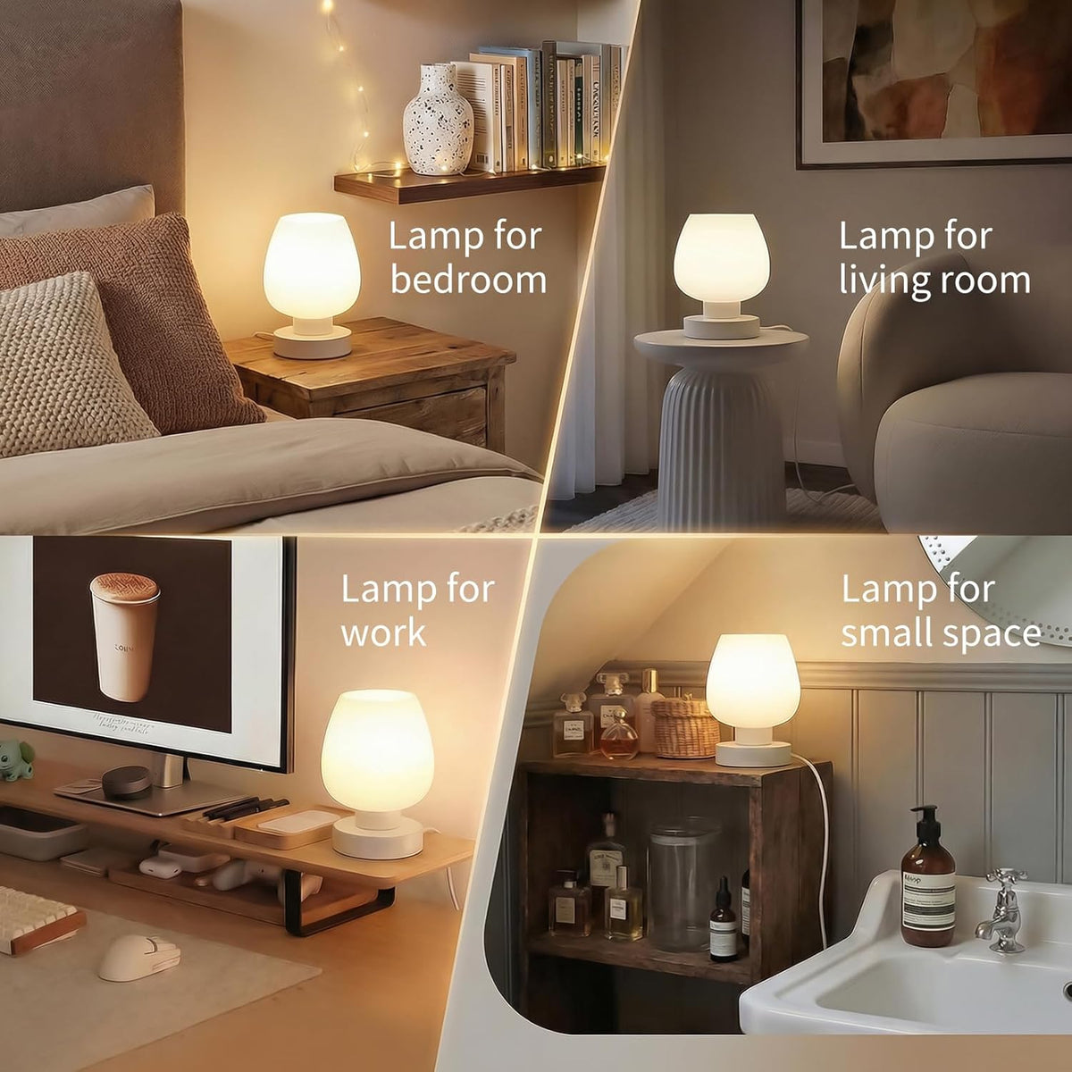 Touch Bedside Table Lamp Set of 2 - Small Modern Table Lamp for Bedroom Living Room Nightstand, 3-Way Dimable Desk Lamp with White Opal Glass Lamp Shade, 2700K LED Bulb, Simple Design Home Decor