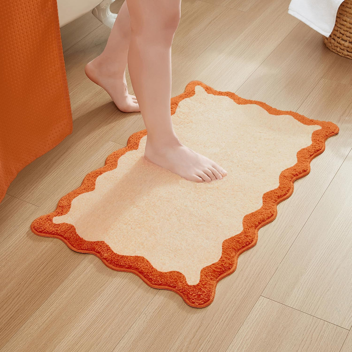Bath Mat with Scalloped Wavy Ripple Design, Microfiber Absorbent Non Slip Tufted Rug for Floor, Shower or Kitchen (20X32 Inch, Orange)