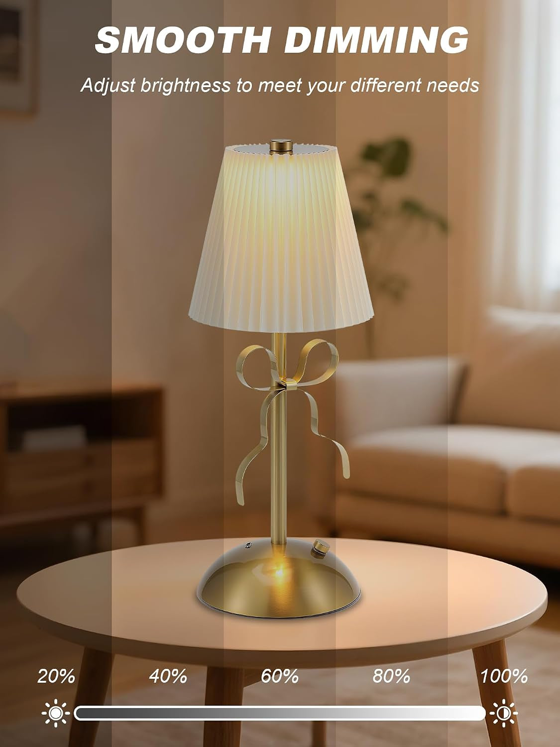 Cordless Small Table Lamp,Gold Bow Lamp,Rechargeable Desk Lamp Cute