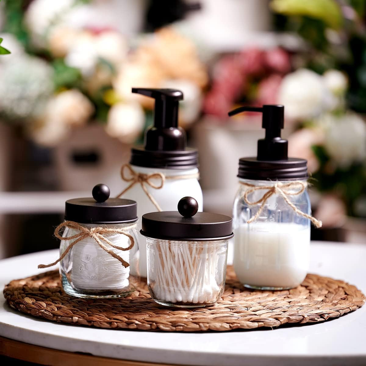 Mason Jar Bathroom Accessories Set, 4Pcs Glass Rustic Bathroom Set