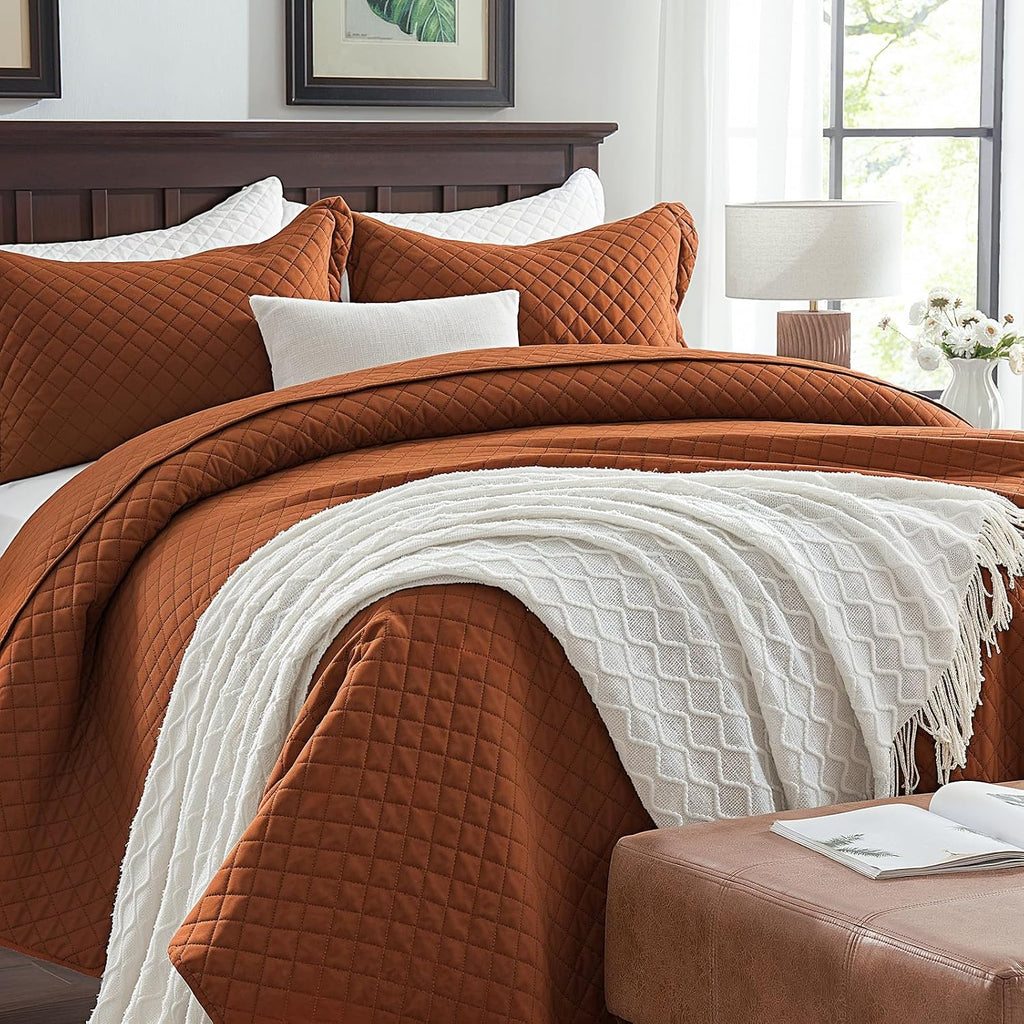 King Quilt Bedding Set, Lightweight Bedspreads,Brunt Orange