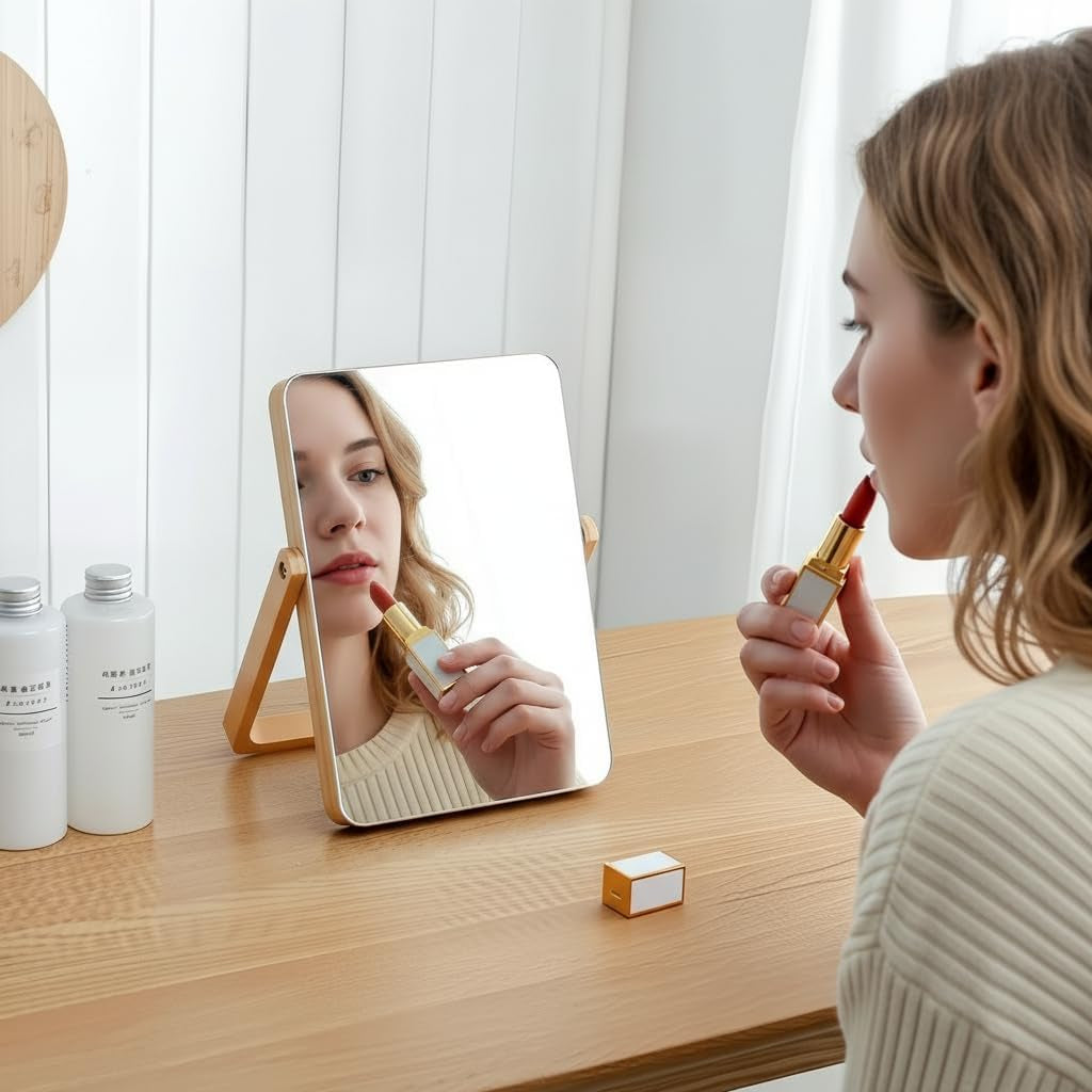 Desk Makeup Mirrors with Wood - Small Table Mirror with Stand