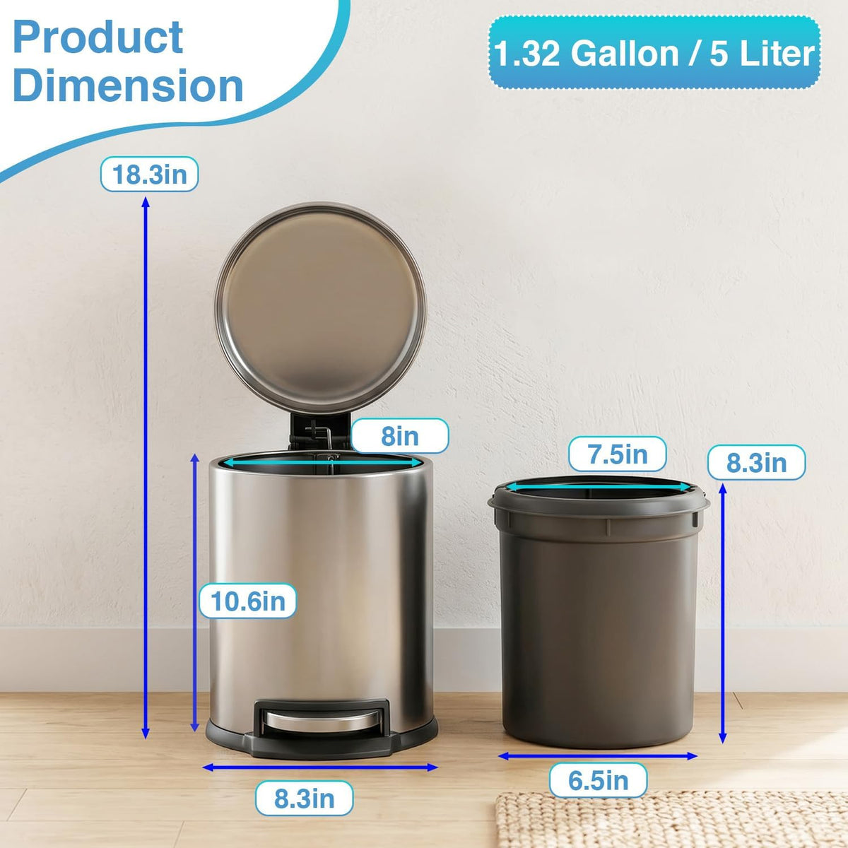 Mini Trash Can 5L Stainless Steel round Cylindrical Soft-Close with Foot Pedal 1.32 Gallon for Bathroom,Office,Kitchen, Resturant, Indoor
