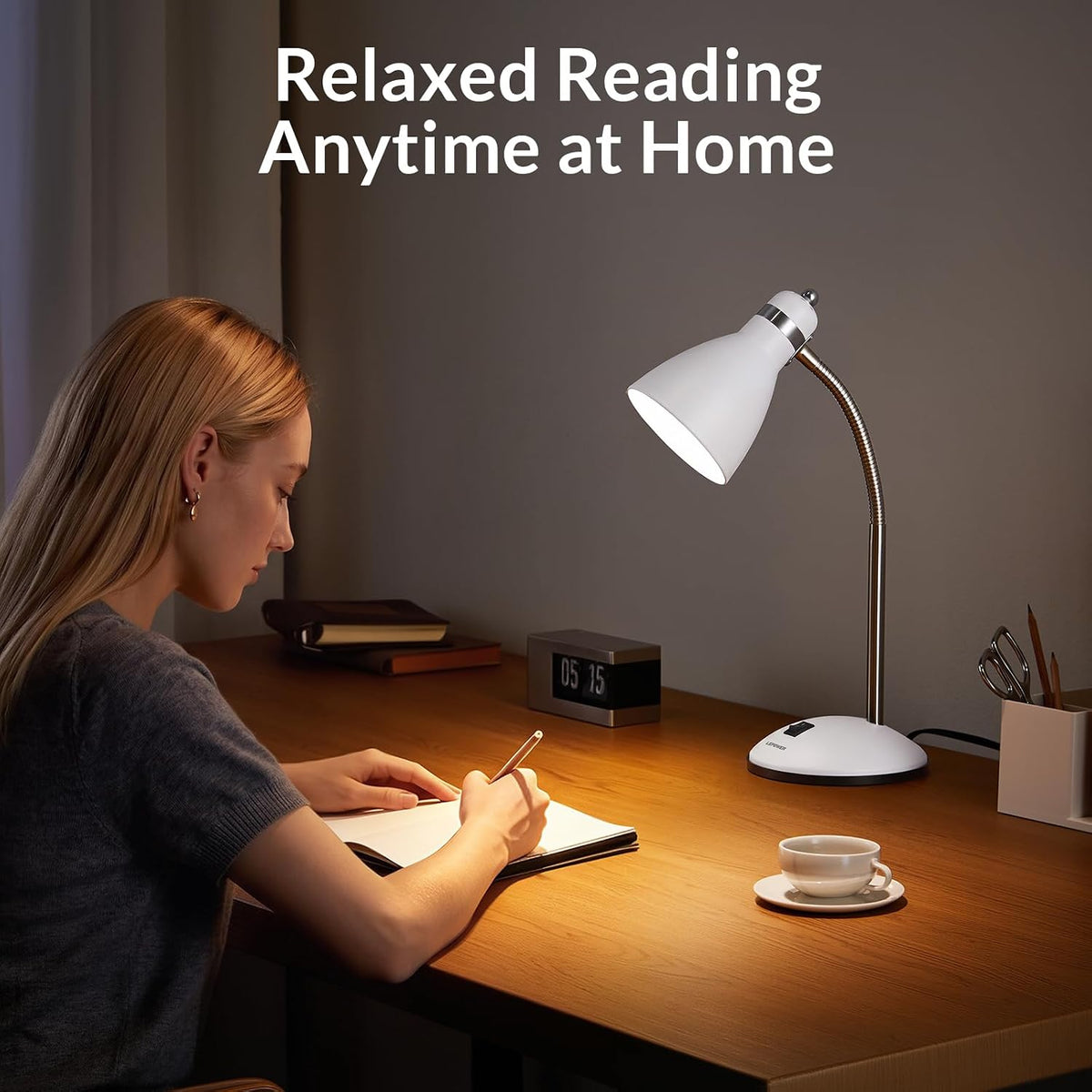 Metal Desk Lamp, Adjustable Gooseneck Reading Light for Bedroom