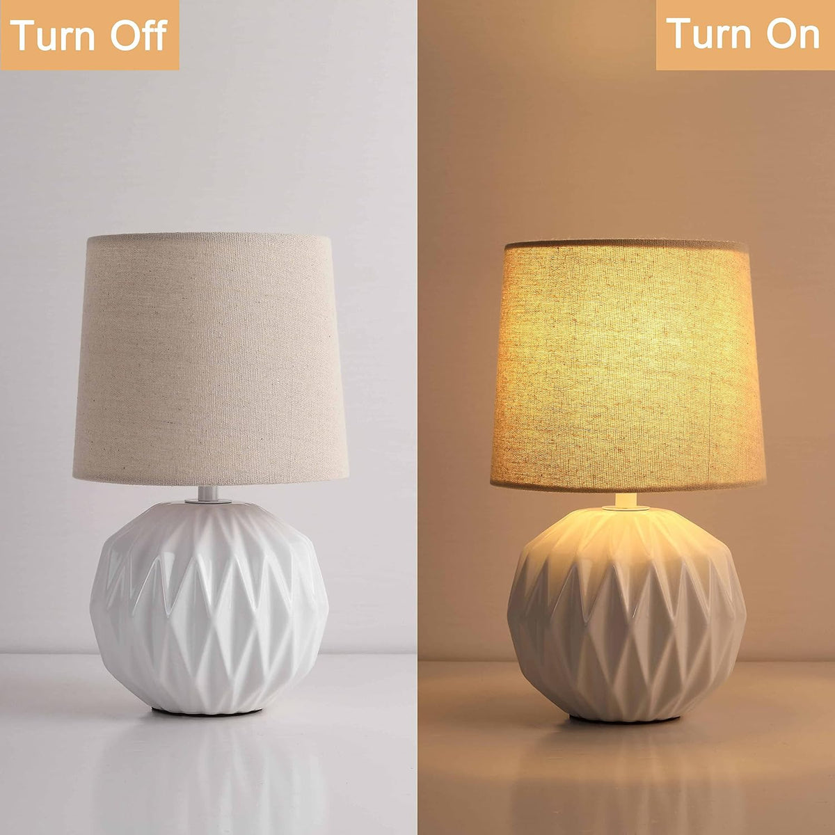 Ceramic Bedroom Table Lamps Set of 2, Small Bedside Lamp, White Lamp with Linen Shade, Mid Century Modern Nightstand Lamp for Bedroom Living Room Office, 7W LED Bulb Included