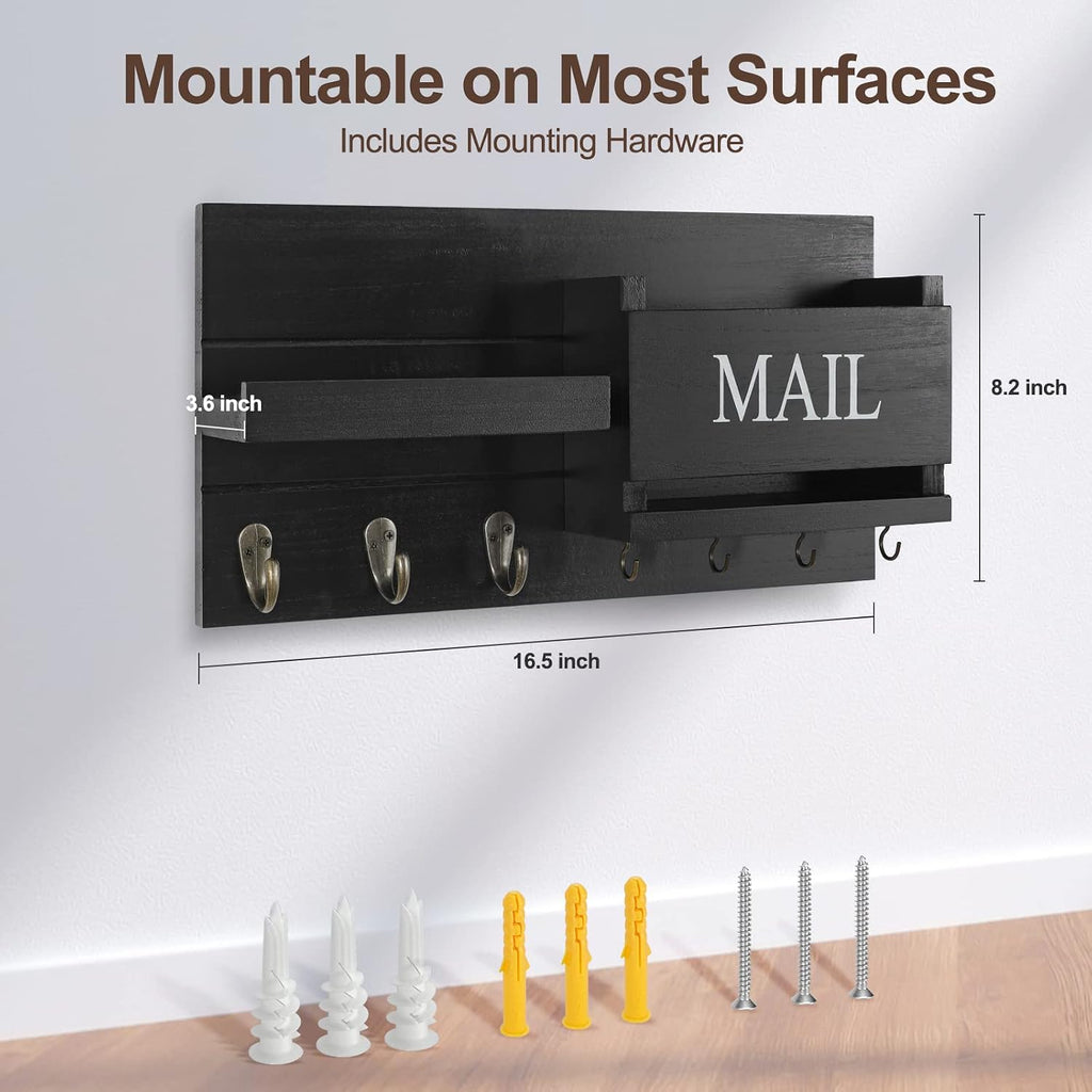 Mail Organizer for Wall Mount – Key Holder with Shelf Includes Letter Holder and Hooks for Hallway Farmhouse Decor – Rustic Wood with Flush Mounting Hardware (16.5” X 9.1” X 3.4”) (Black)