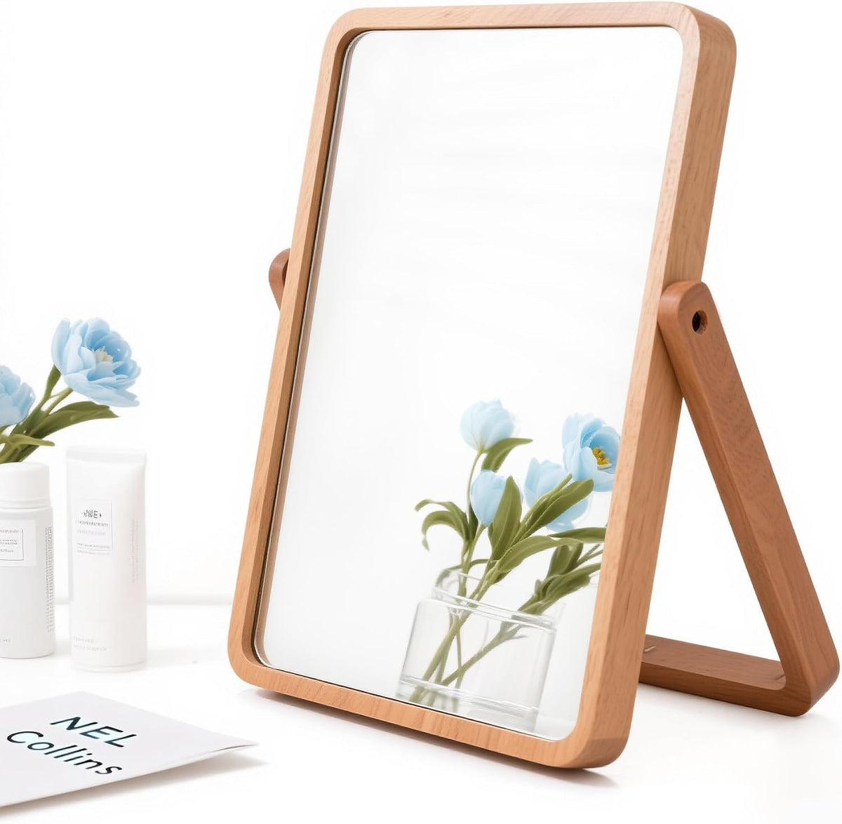 Desk Makeup Mirrors with Wood - Small Table Mirror with Stand