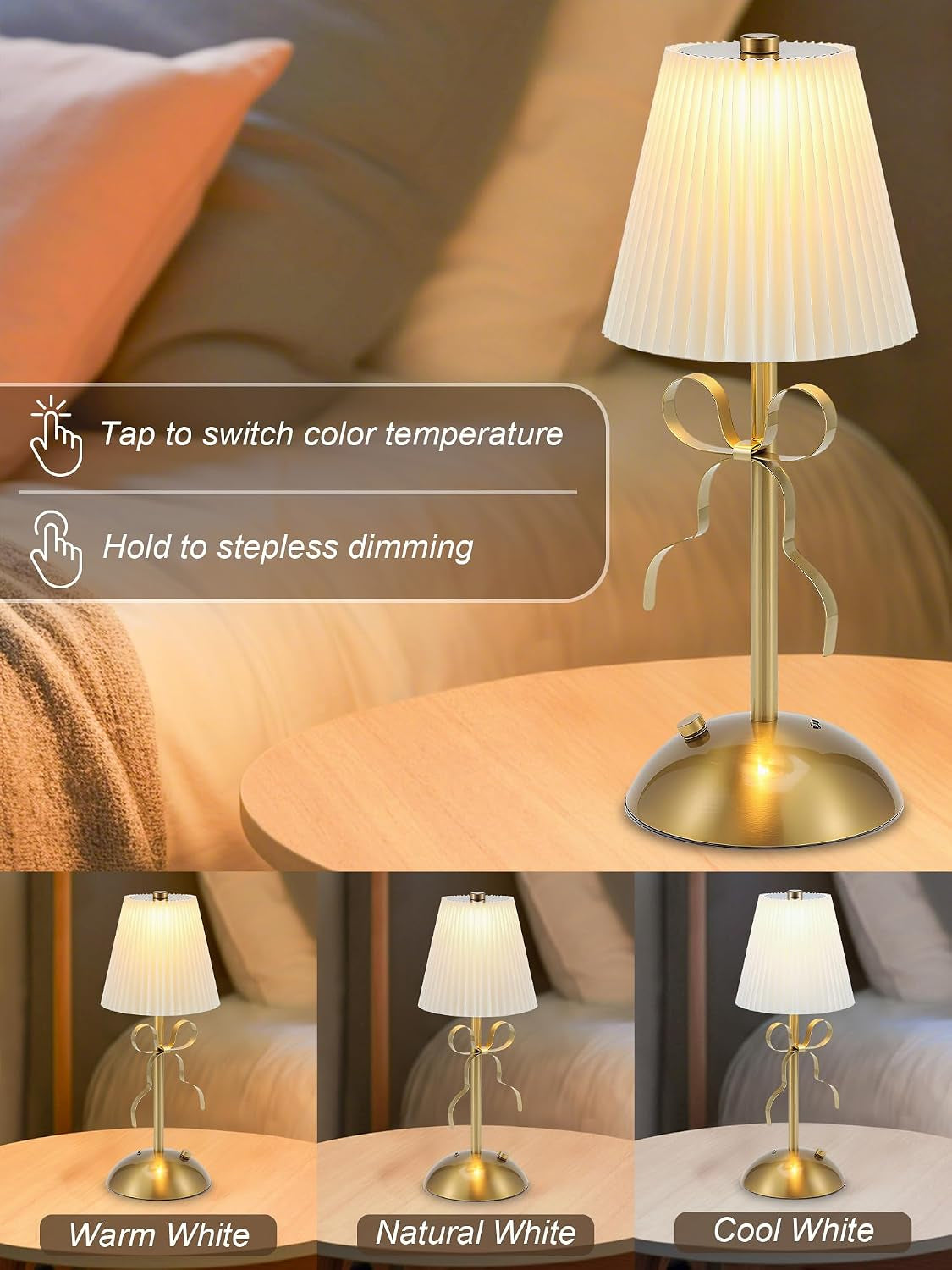Cordless Small Table Lamp,Gold Bow Lamp,Rechargeable Desk Lamp Cute
