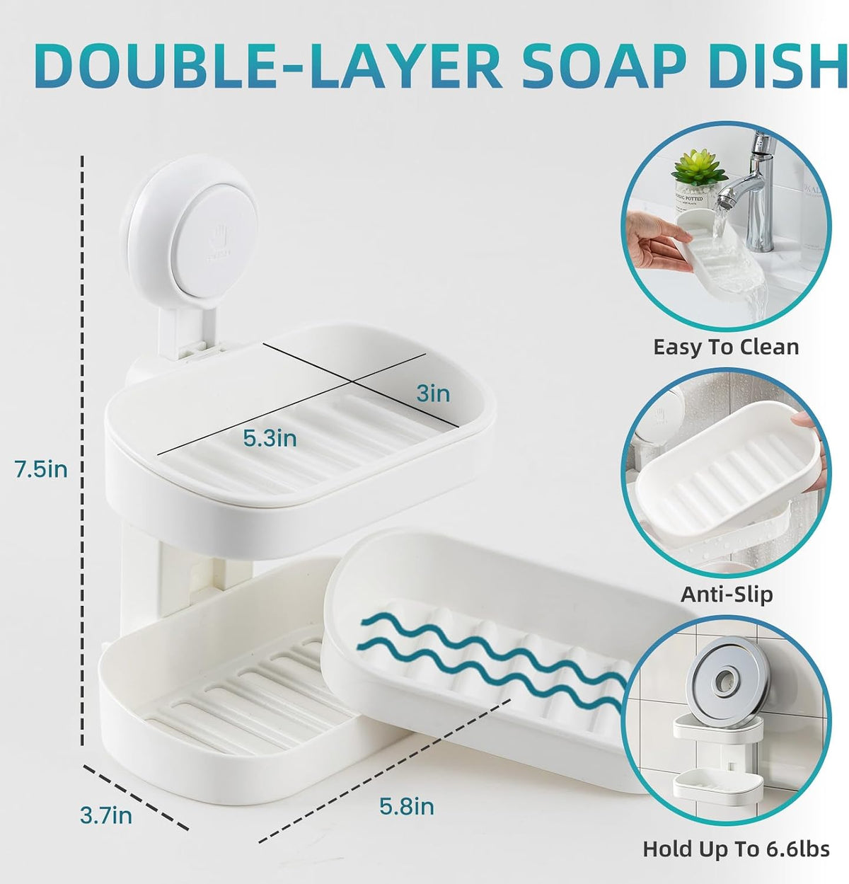 Soap Holder, Soap Dish for Shower Suction Cup, Bar Soap Holder, White