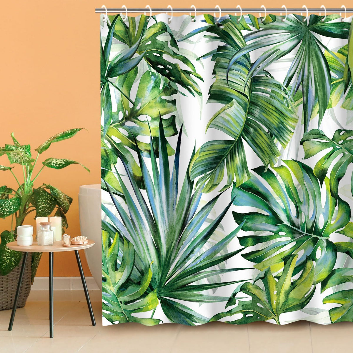 Tropical Green Plant Leaf Shower Curtain Set, Botanical Jungle Design with 12 Hooks for Bathroom Decor, 72"X72"