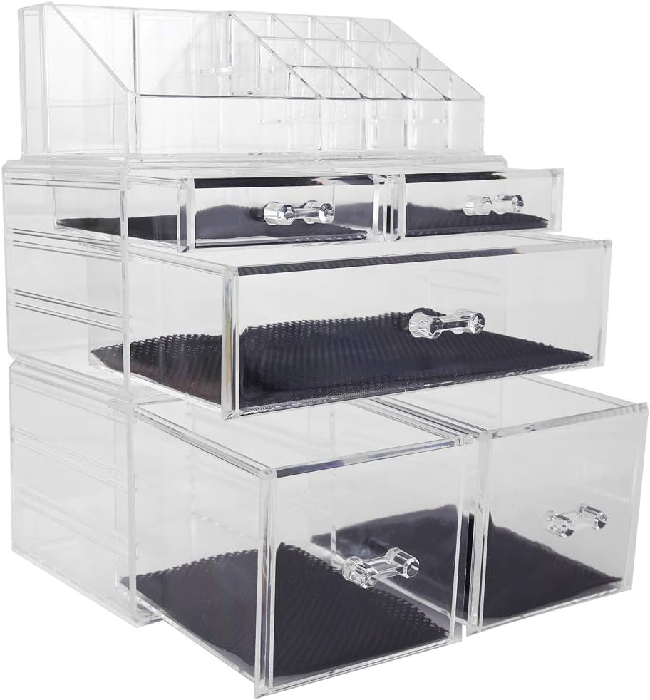 Makeup Organizer,Acrylic Cosmetic Organizer Storage Drawers Jewelry and Cosmetic Display Cases Box(5 Drawers 7 Tiers) 3 Pieces Stackable,Clear