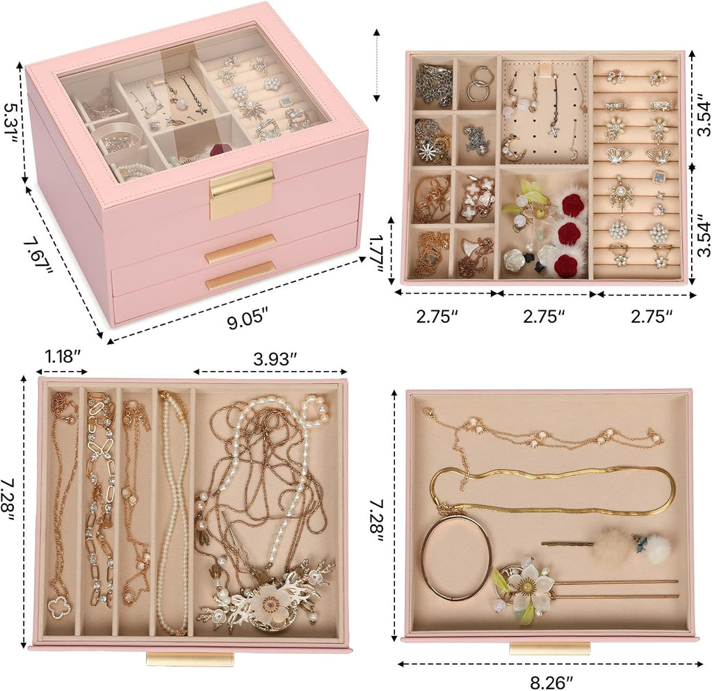 3-Layer Jewelry Box for Women, Jewelry Organizer with Glass Lid and Drawers, Jewelry Organizers and Storage for Necklaces, Rings, Earrings, Bracelets - White/Green/Black/Pink