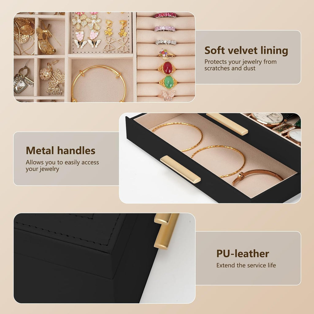 3-Layer Jewelry Box for Women, Jewelry Organizer with Glass Lid and Drawers, Jewelry Organizers and Storage for Necklaces, Rings, Earrings, Bracelets - White/Green/Black