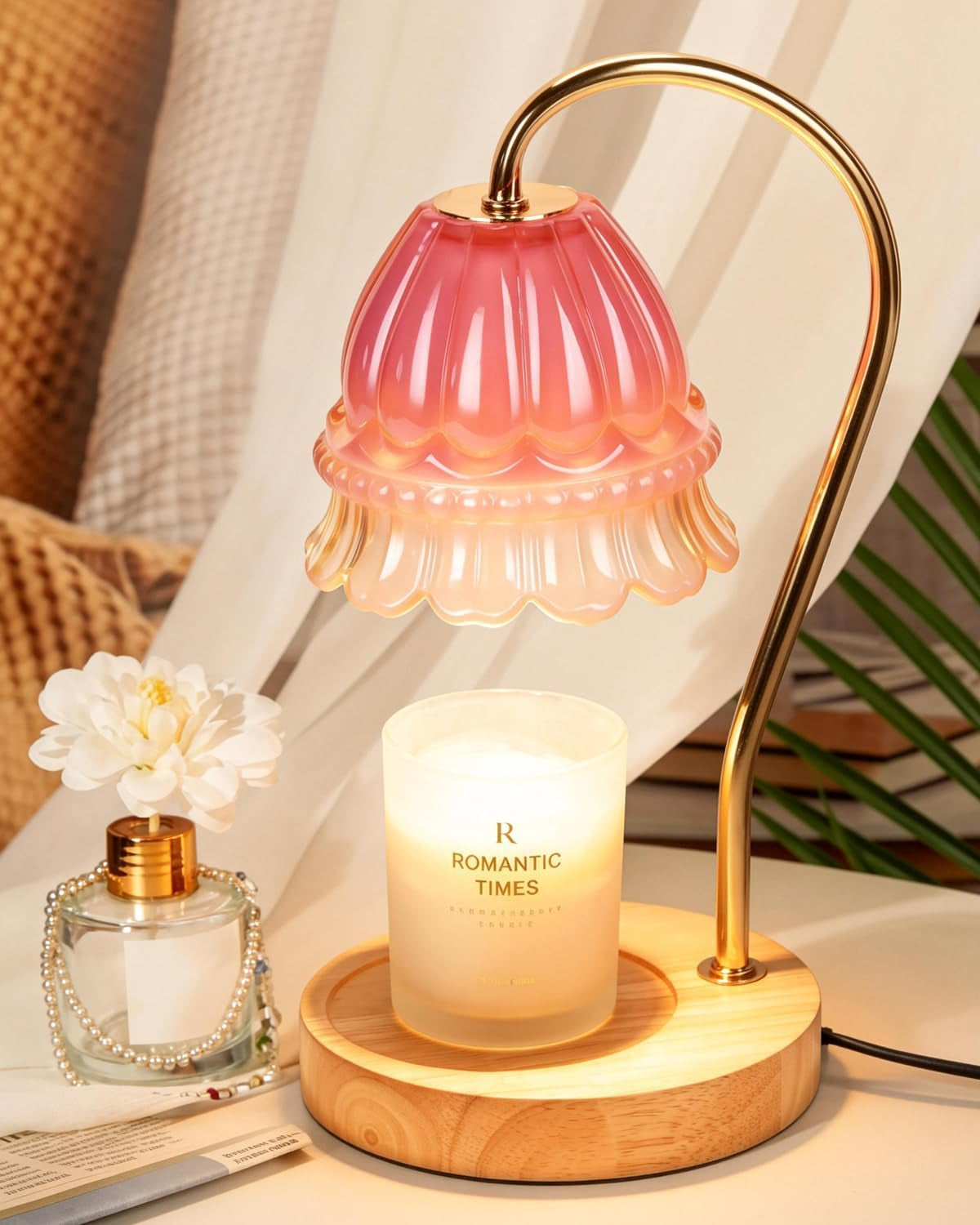 Flower Candle Warmer Lamp with Timer, Dimmable Candle Lamp Warmer, Christmas Birthday Gifts for Women Mom Her, Housewarming Home Decor, Lotus Wax Warmer for Yankee Candles - Pink Flower