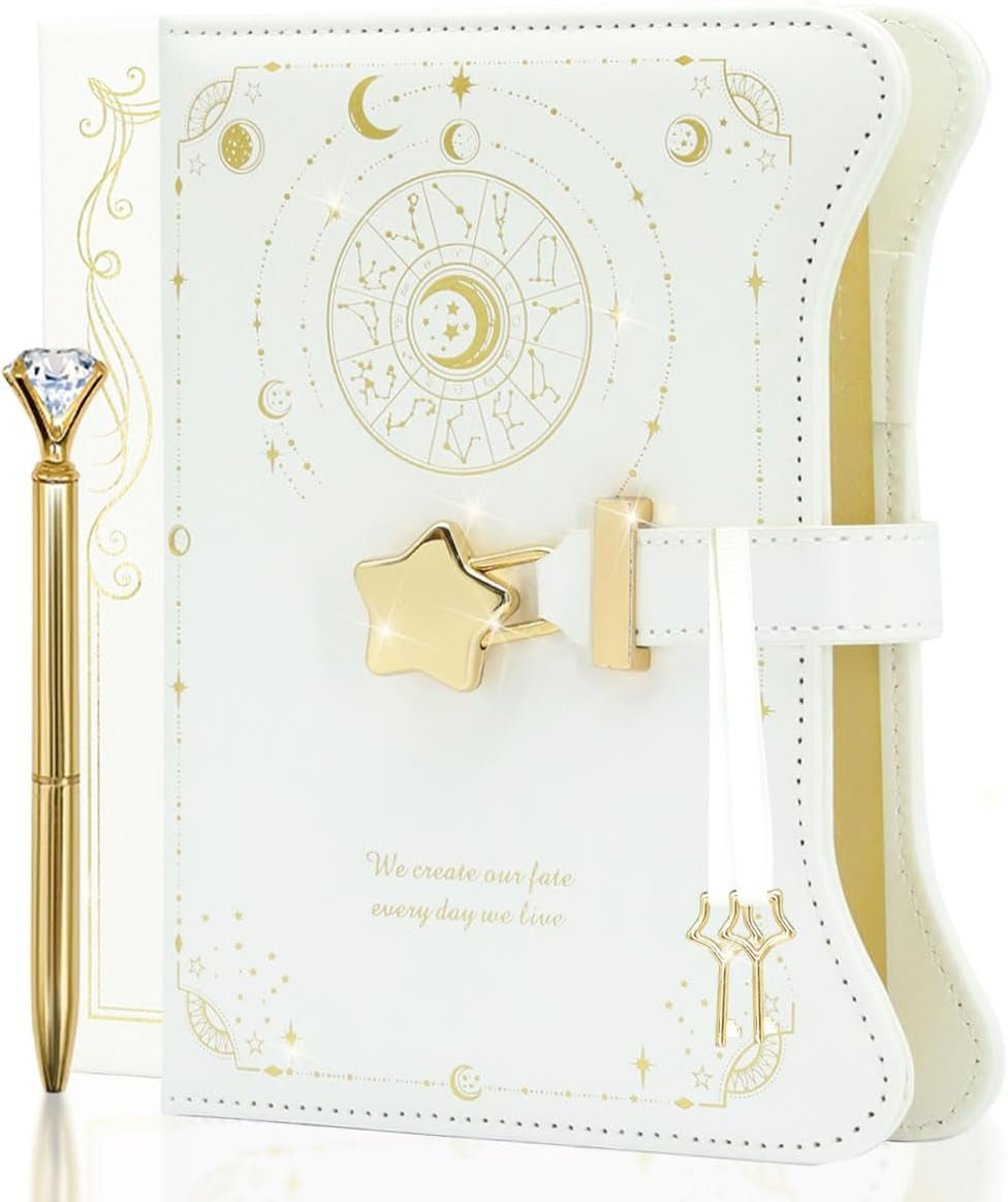 Diary with Lock and Keys for Girls and Women, Locking Diary for Gift Ideas with Gift Box and Pen and Bookmark, Journal for Women with 360 Kraft Pages, B6 Refillable Notebook with Lock for Writing (White)
