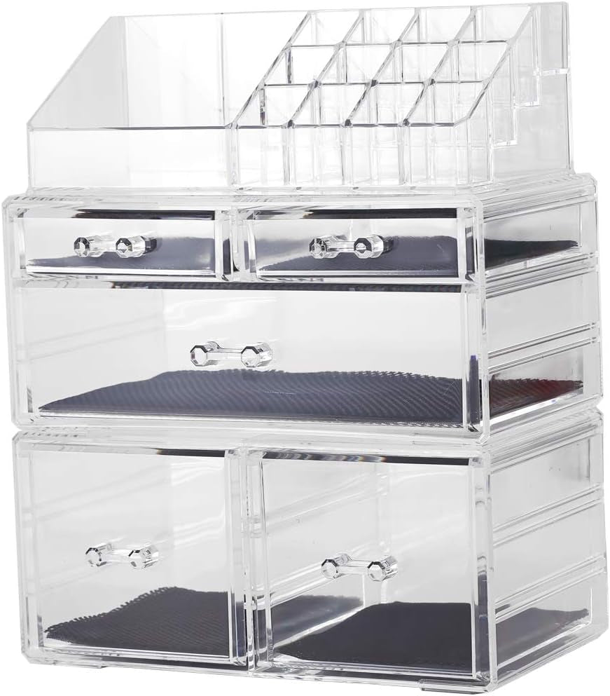 Makeup Organizer,Acrylic Cosmetic Organizer Storage Drawers Jewelry and Cosmetic Display Cases Box(5 Drawers 7 Tiers) 3 Pieces Stackable,Clear