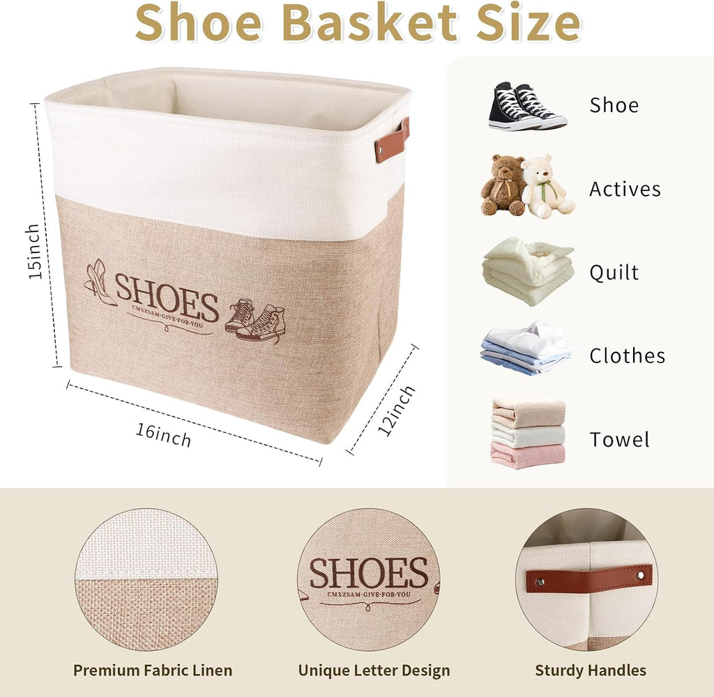 Shoe Basket Organizer, Large Capacity Fabric Entryway Shoe Storage Bin with Handle, Flodable Space-Saving Shoe Basket for Entryway, Hallway, Entryway and Mudroom