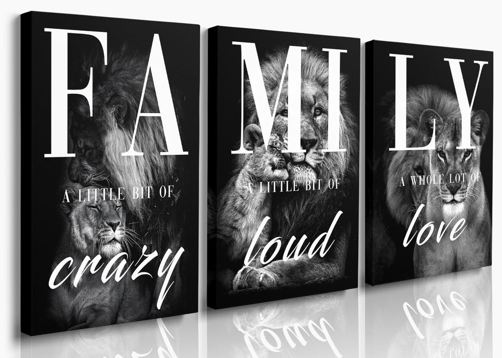Farmhouse Family Wall Art Set of 3 Home Living Room Dining Room Wall Decor Animal Lion Art Black Gray Rustic Wood Framed Modern Wall Decor for Living Room,Family Signs Prints Canvas 12"X16"