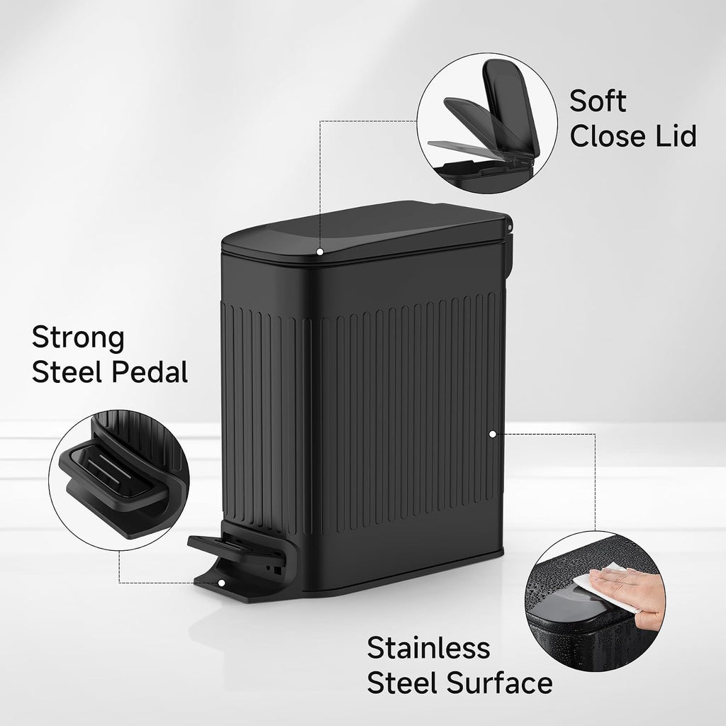 Slim Bathroom Trash Can with Lid Soft Close, Step Pedal, 6 Liter / 1.6 Gallon Stainless Steel Trash Bin, Small Garbage Cans for Bedroom, Office, Kitchen (Black)