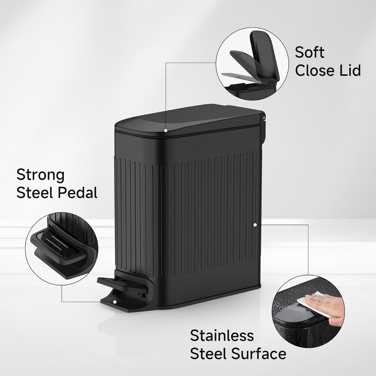 Slim Bathroom Trash Can with Lid Soft Close, Step Pedal, 6 Liter / 1.6 Gallon Stainless Steel Trash Bin, Small Garbage Cans for Bedroom, Office, Kitchen (Black)
