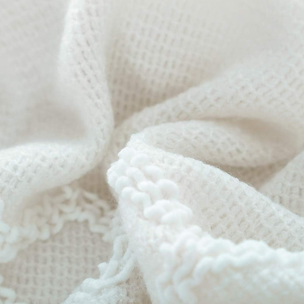 Knitted Throw Blanket Boho Chenille Blanket,Off White 60X80Inch