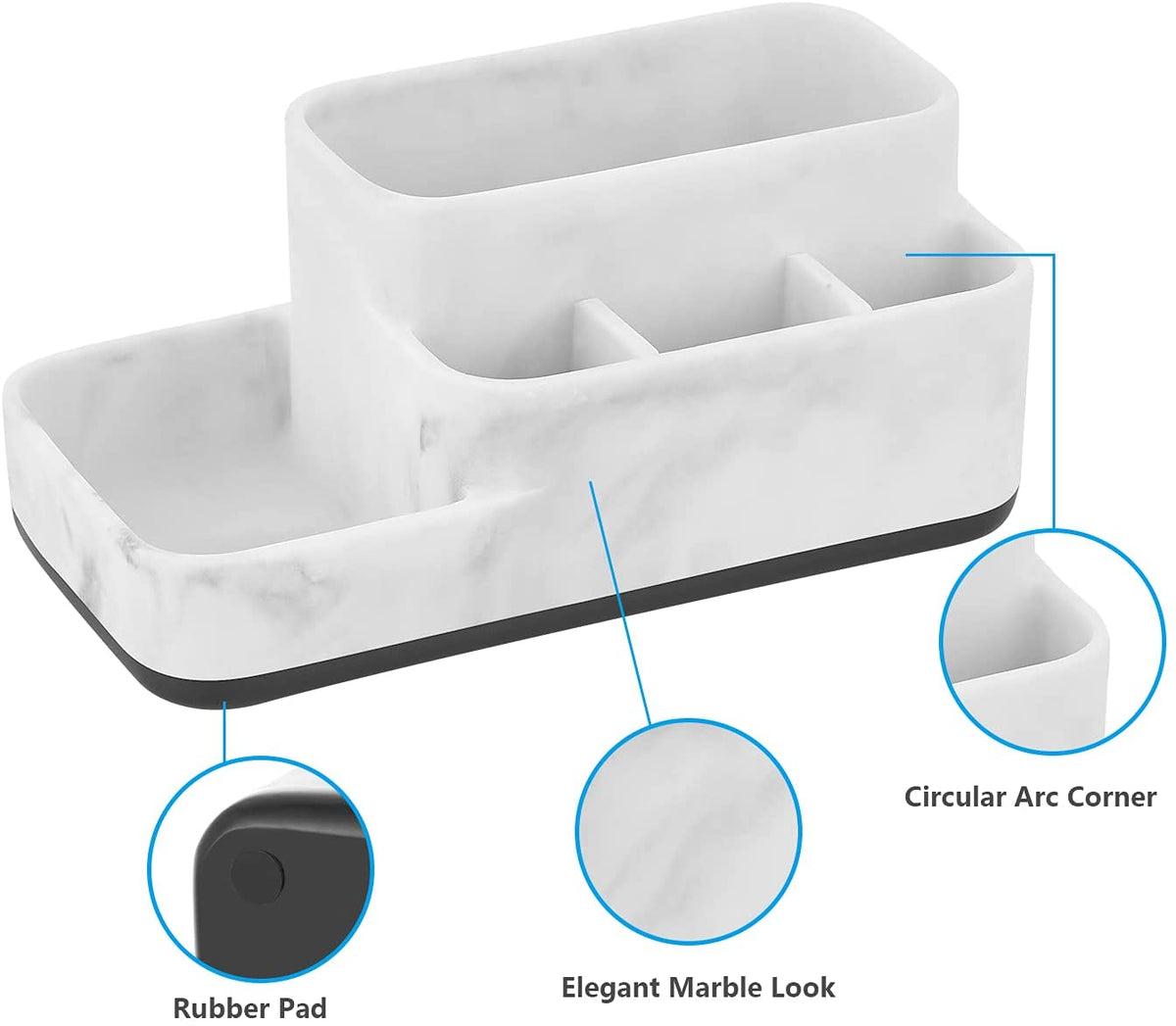 Toothbrush Holder Organizer - Multi-Functional Bathroom Storage for Makeup, Skincare, and Accessories - White Marble Look Countertop Organizer for Sink and Vanity Spaces