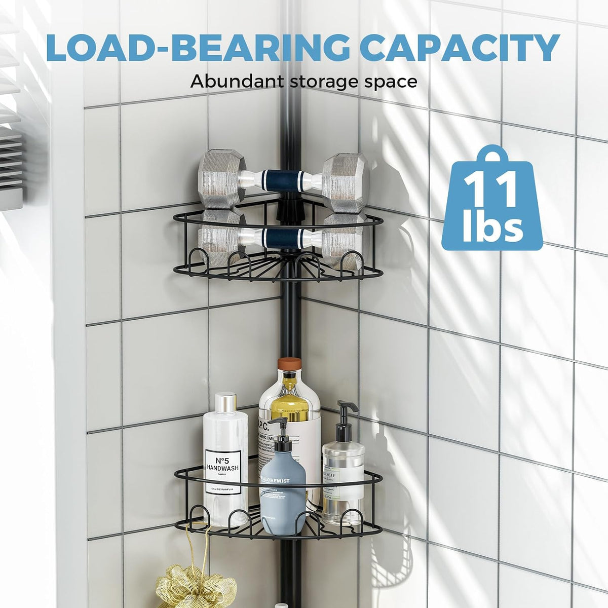 Corner Shower Caddy Tension Pole 4 Tier Shower Organizer, Black