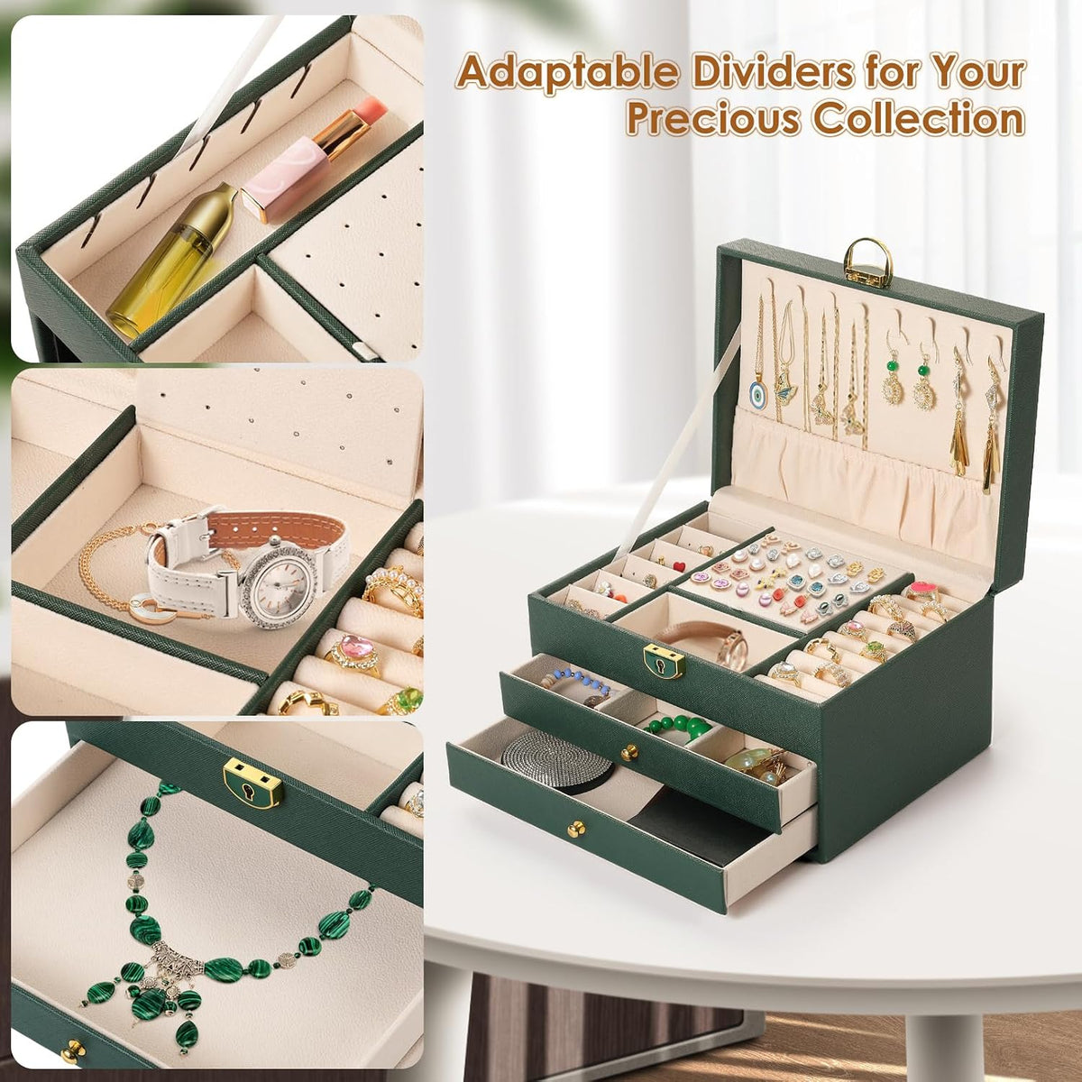 3 Layer Jewelry Box, Jewelry Holder Organizer with 2 Drawer Tray, Large Boxes for Women Velvet Earring Organizer, Lockable & Organizers, Birthday Gifts for Women Mom, Green