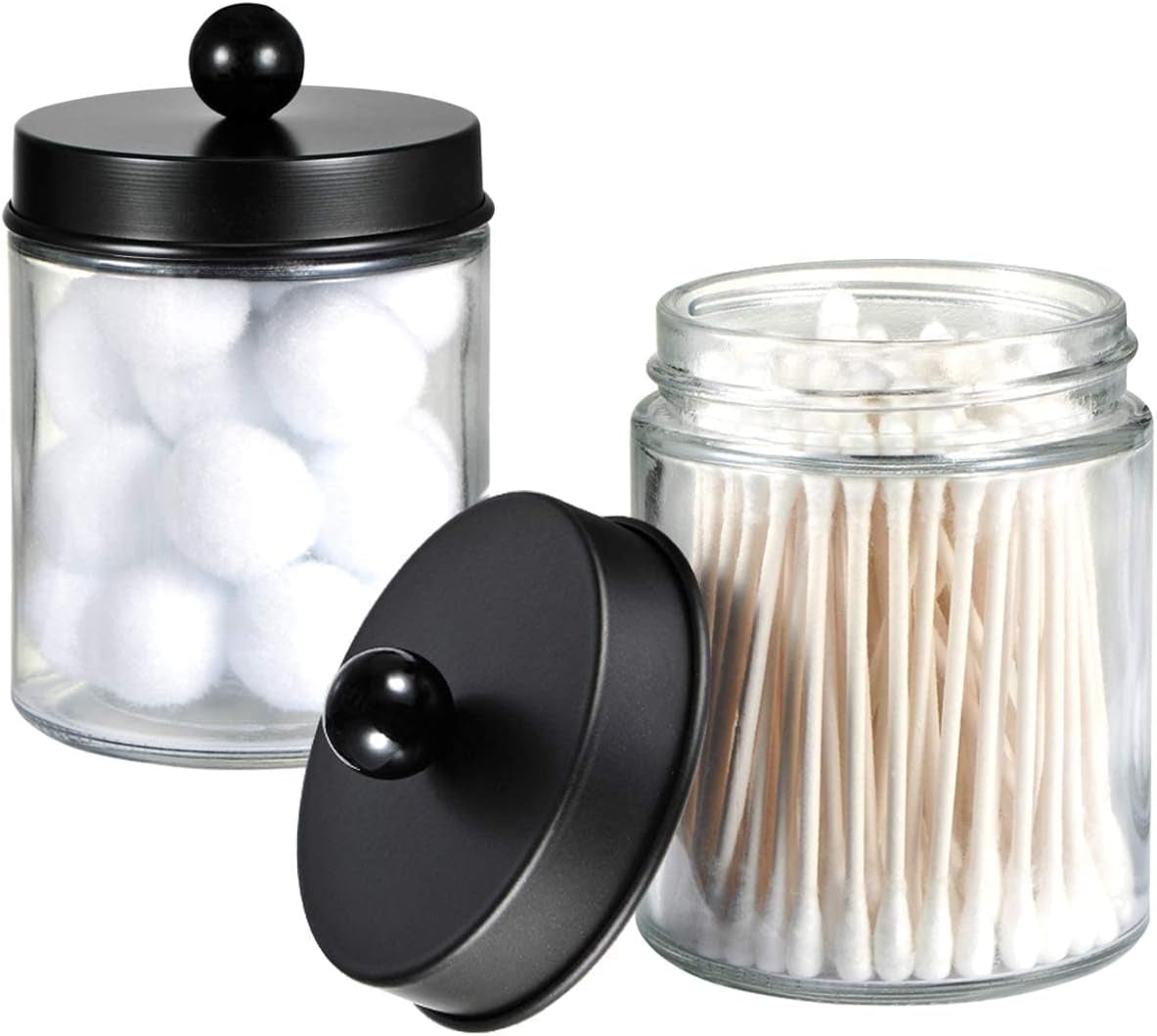 6Pc Apothecary Jars Bathroom Vanity Organizer- Rustic Farmhouse Decor Storage with Stainless Steel Lids- Qtip Dispenser Holder for Q-Tips, Cotton Swabs, Rounds, Ball, Flossers (Black)
