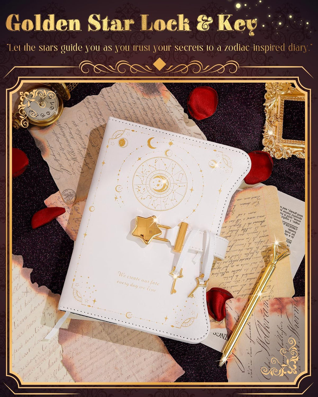 Diary with Lock and Keys for Girls and Women, Locking Diary for Gift Ideas with Gift Box and Pen and Bookmark, Journal for Women with 360 Kraft Pages, B6 Refillable Notebook with Lock for Writing (White)