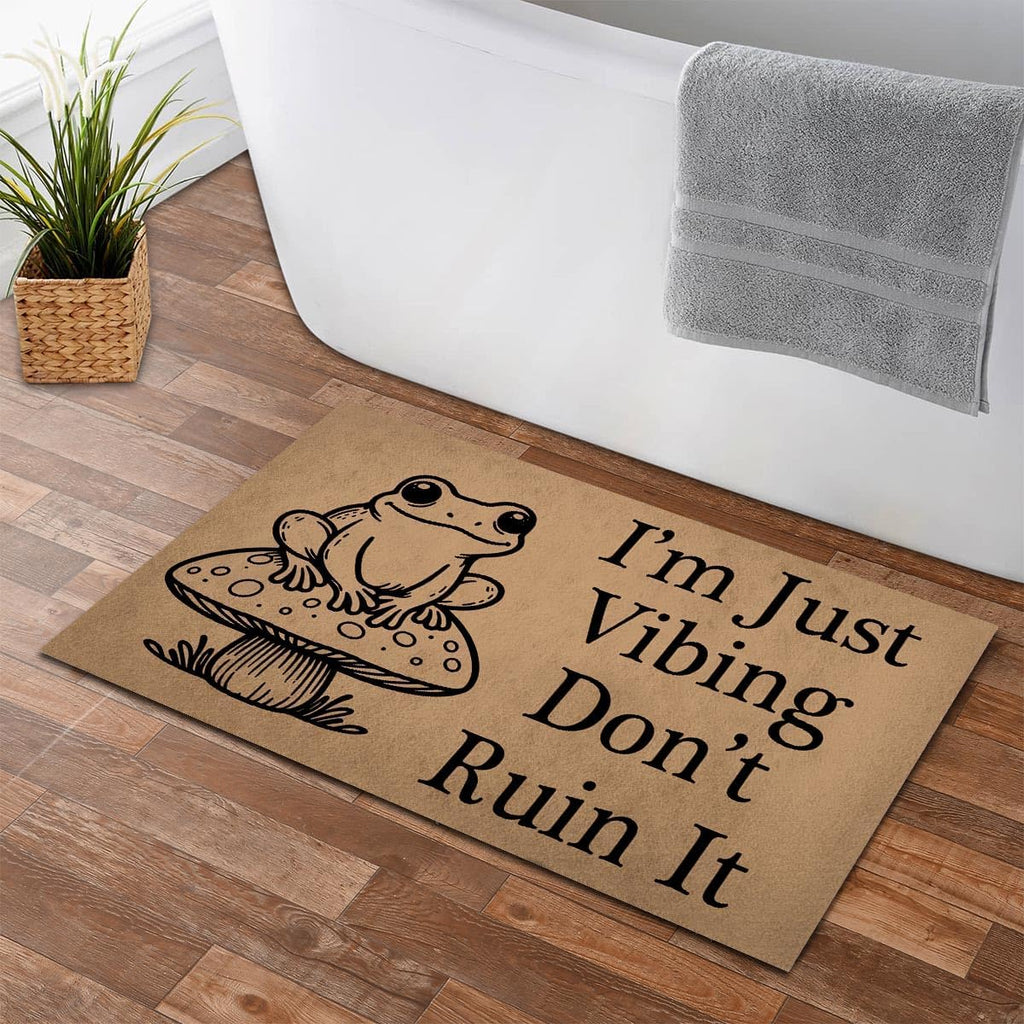 Funny Welcome Doormat for Entrance Way Indoor Front Porch Decor Anti-Slip Rubber Rugs Novelty Prank Gift Mats 23.7"(L) X 15.9"(W) (I‘M Just Vibing Don'T Ruin It Cute Frog with Mushroom)
