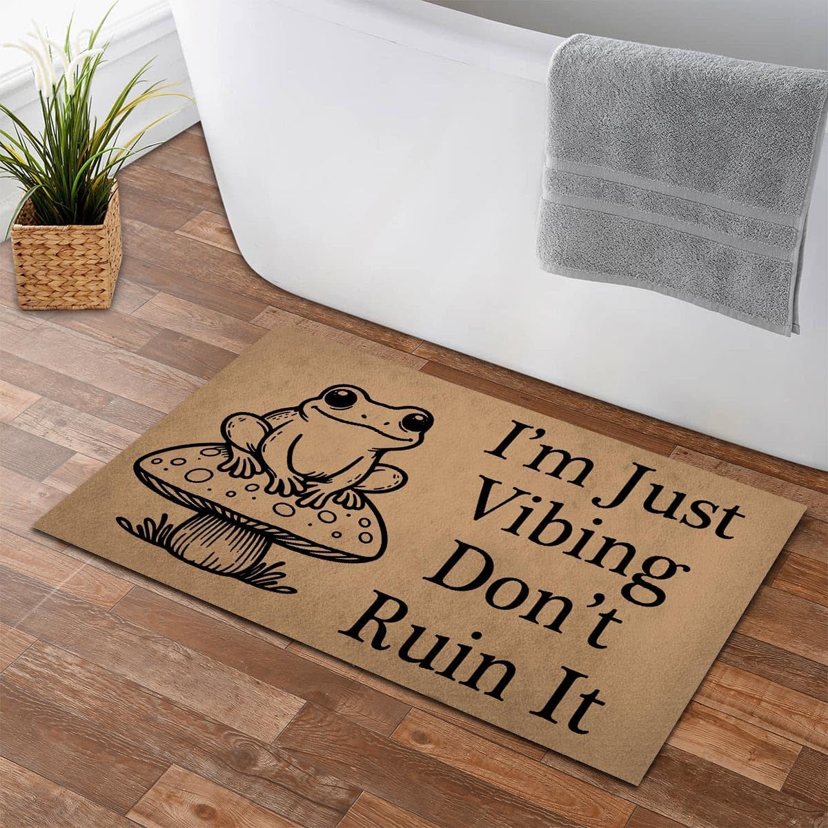 Funny Welcome Doormat for Entrance Way Indoor Front Porch Decor Anti-Slip Rubber Rugs Novelty Prank Gift Mats 23.7"(L) X 15.9"(W) (I‘M Just Vibing Don'T Ruin It Cute Frog with Mushroom)